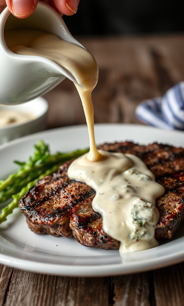 Molho gorgonzola aveludado sendo despejado sobre corte nobre de carne grelhada em prato branco.
