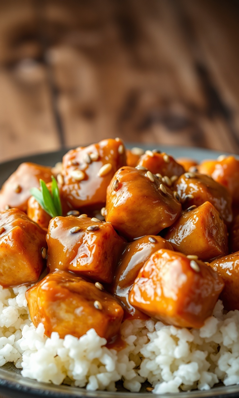 Cubos de frango dourados envoltos por molho oriental cremoso à base de shoyu, finalizados com gergelim sobre arroz branco