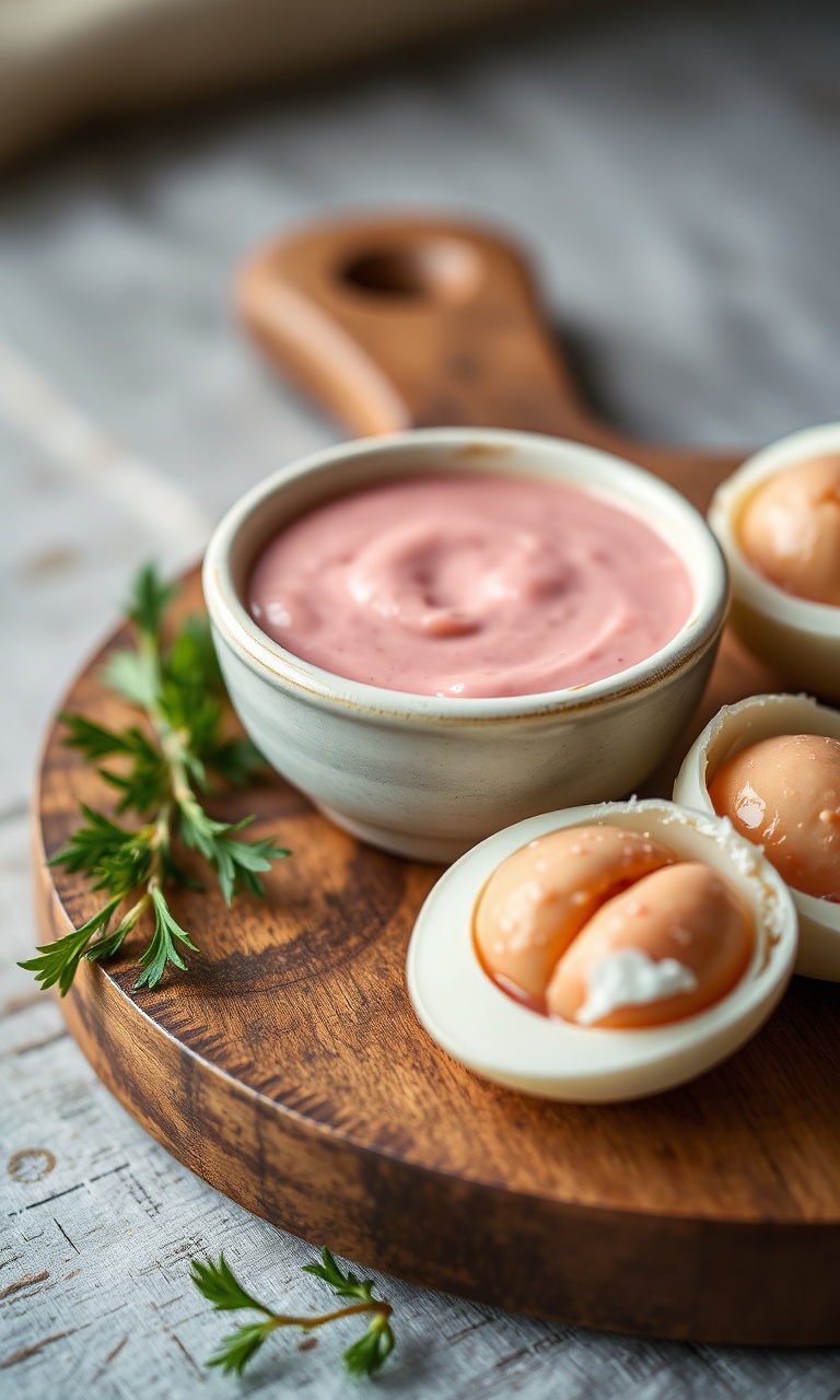 Tigela com molho cremoso e rosado, acompanhada de ovos de codorna perfeitamente descascados.