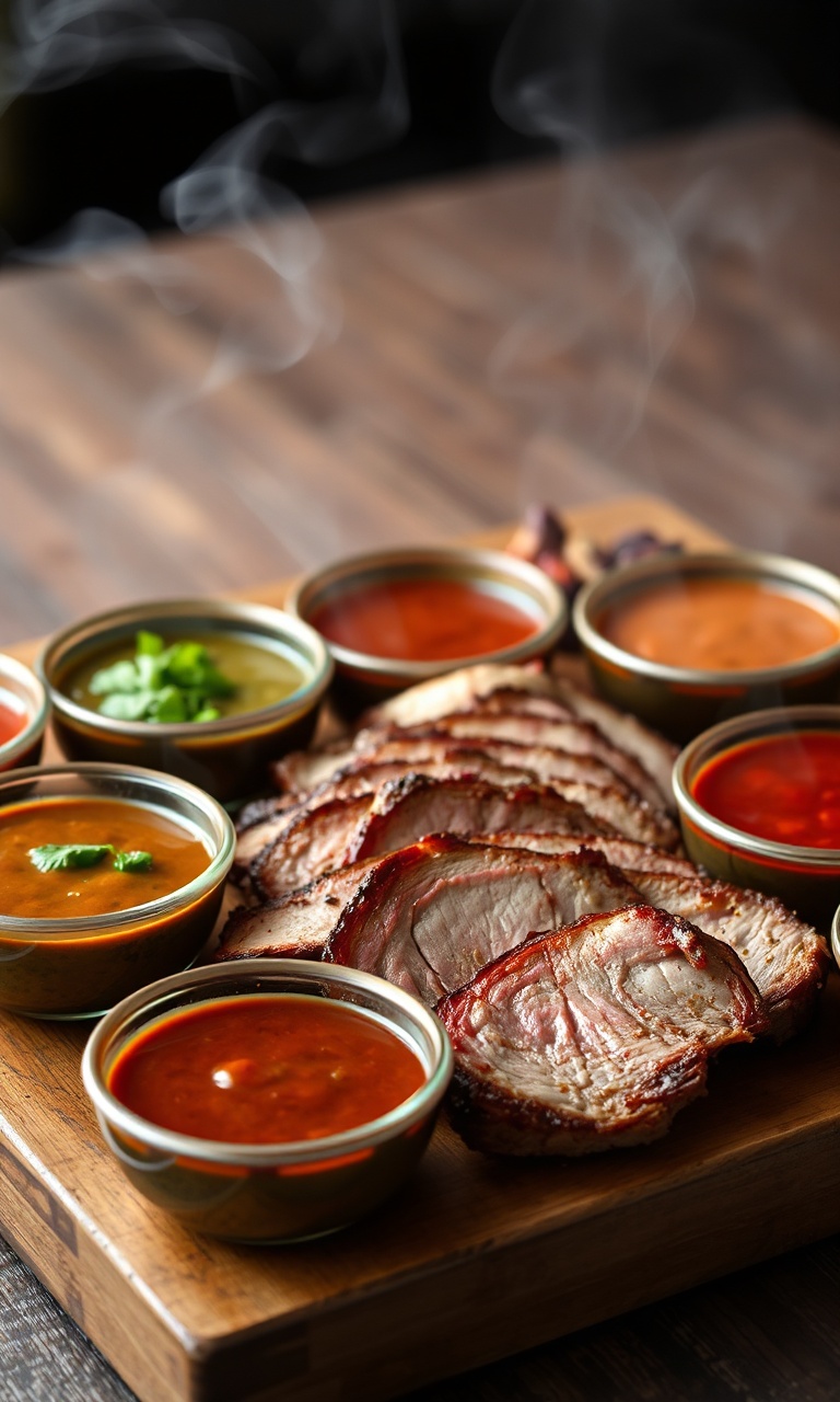 Fatias suculentas de picanha suína grelhada acompanhadas de seis tigelinhas com molhos de cores variadas, prontos para servir.