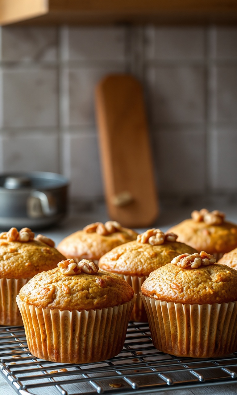 Muffins dourados com topo crocante de nozes
