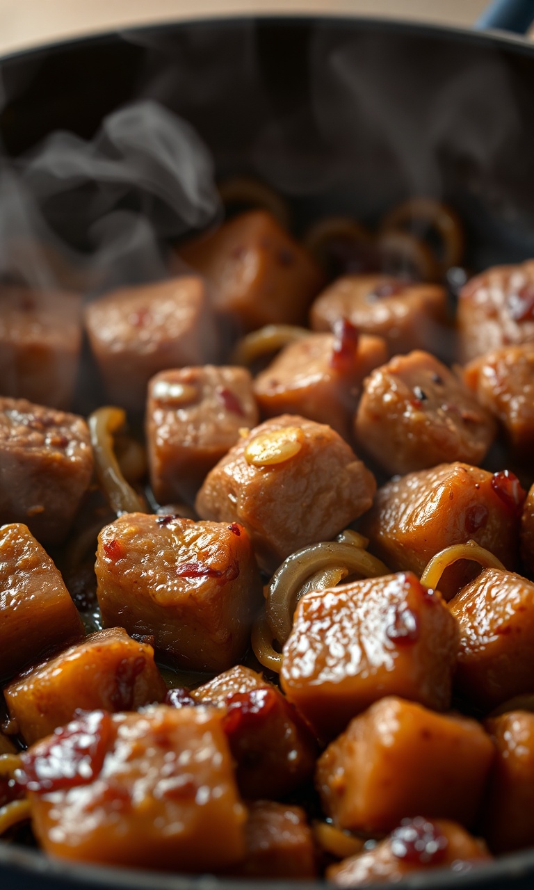 Cubos de carne dourados com aspecto suculento e cebolas caramelizadas