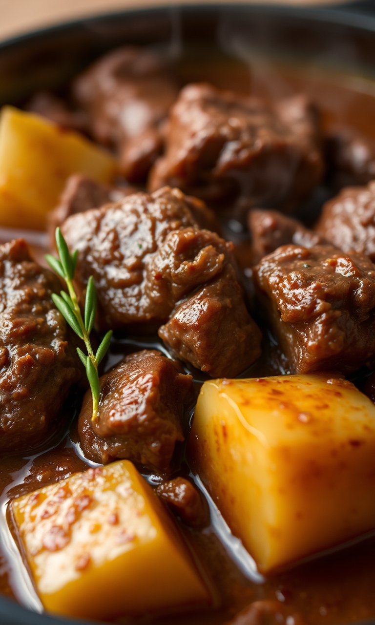 Prato com cubos de músculo cozidos e batatas em molho brilhante
