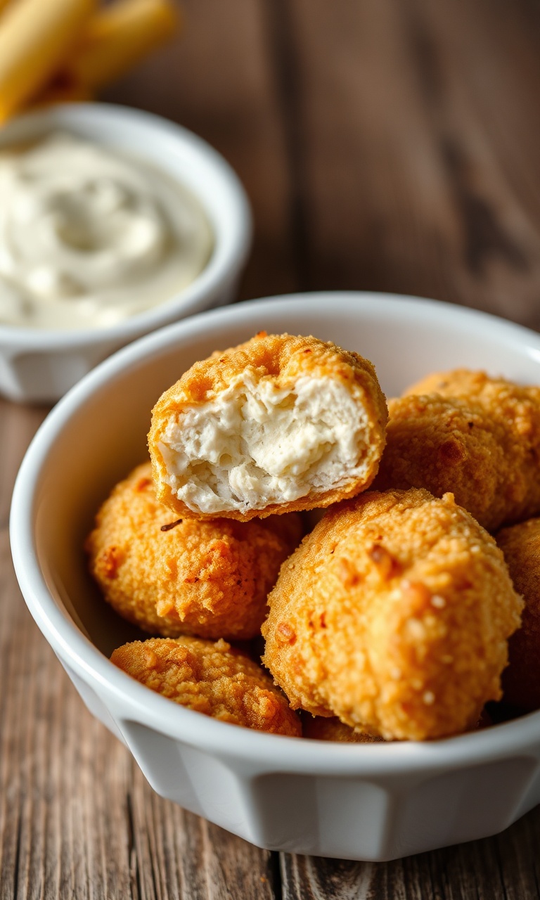 Nuggets dourados e crocantes servidos em tigela de cerâmica branca, com um cortado ao meio revelando o interior macio