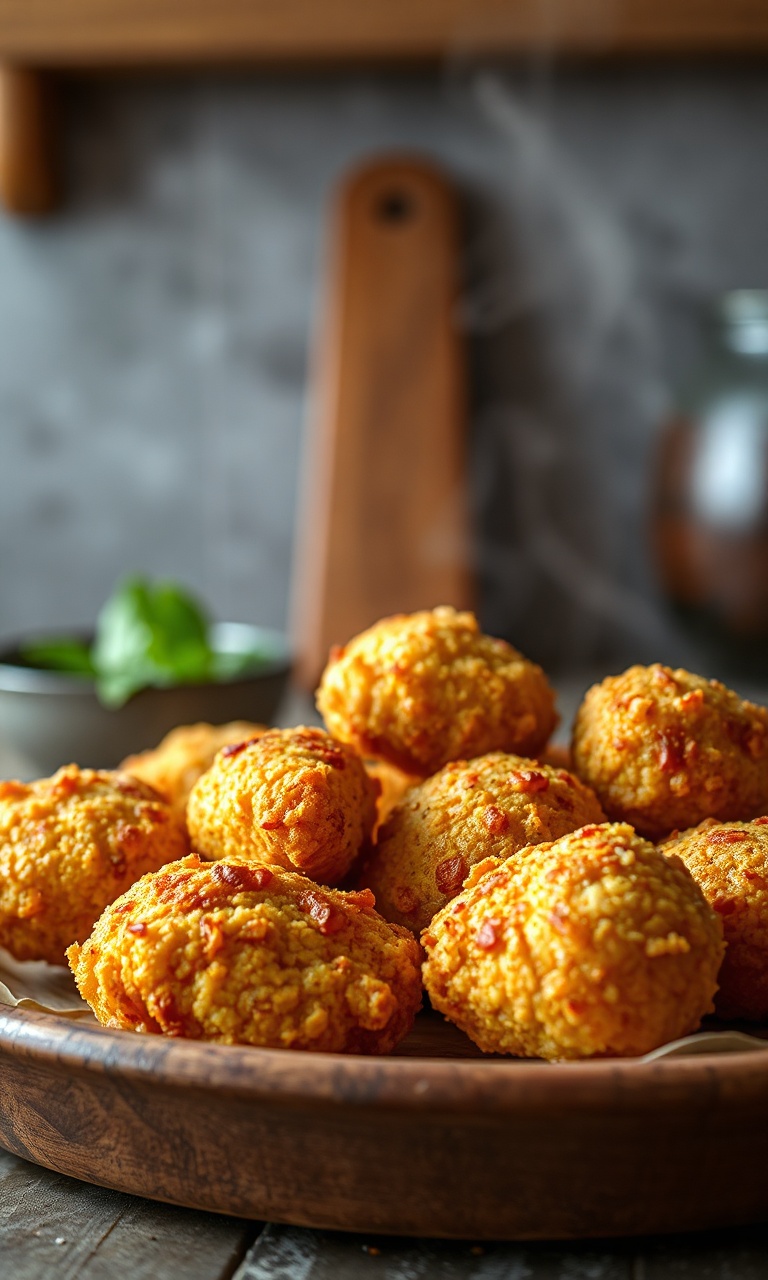 Nuggets de frango dourados e crocantes servidos em um prato rústico.