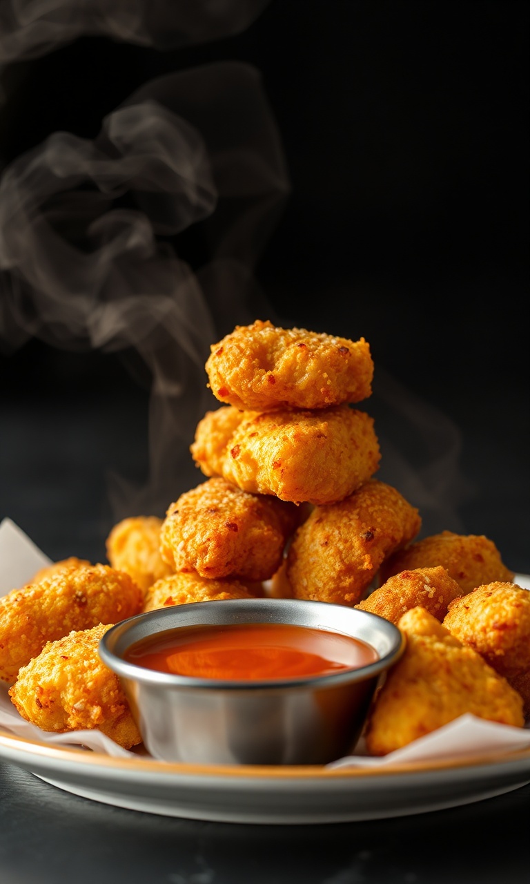 Nuggets dourados empilhados de forma apetitosa com molho ao lado