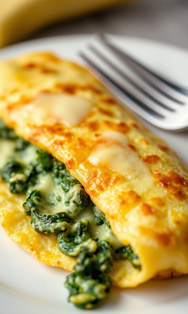 Omelete dourada recheada com espinafre e queijo