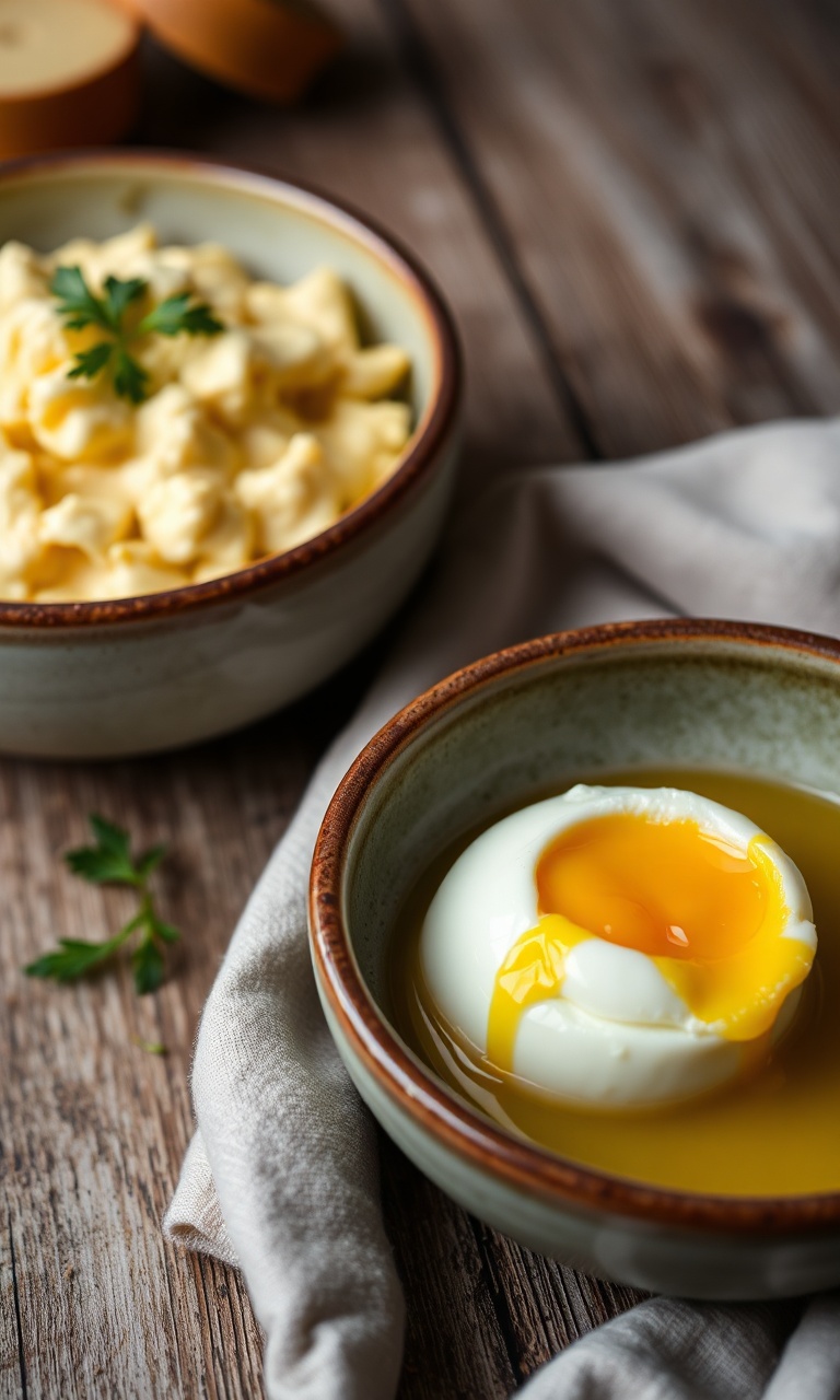 Duas tigelas de cerâmica, uma com ovo mexido cremoso e outra com ovo pochê, prontas para servir.