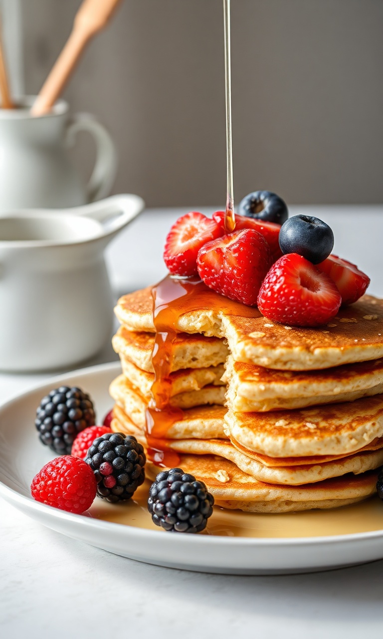 Pilha de panquecas de aveia douradas e fofas, cobertas com frutas vermelhas e mel.