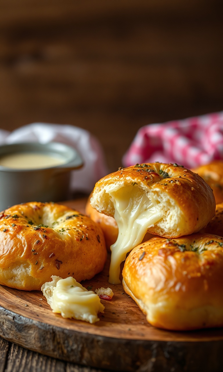 Pães de alho dourados com recheio cremoso de queijo derretido escapando, prontos para venda.