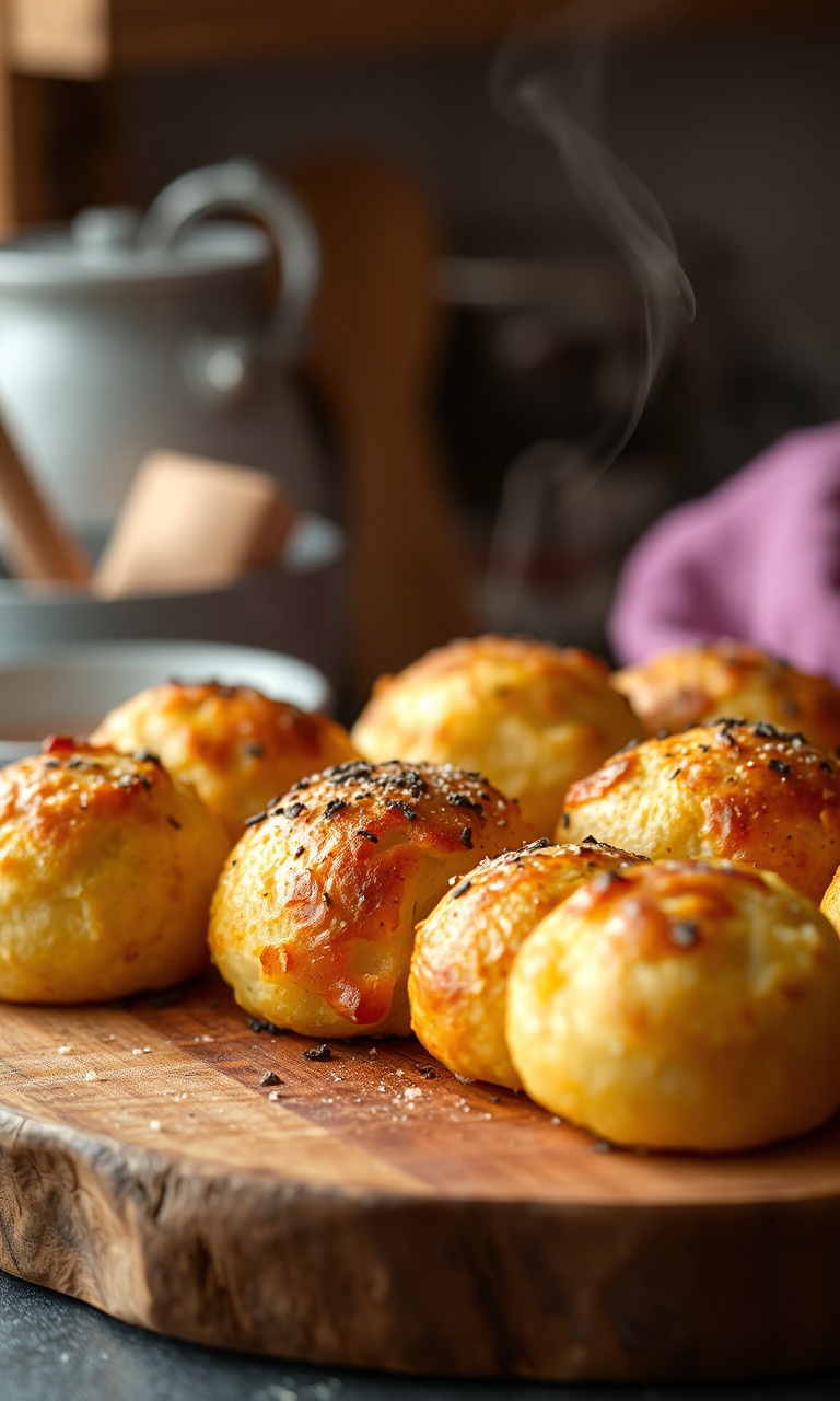 Pães de queijo fit dourados com casca crocante sobre tábua de madeira rústica