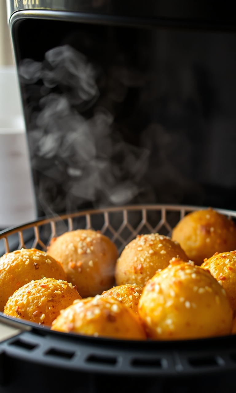 Bolinhas douradas e crocantes de pão de queijo recém-saídas da airfryer
