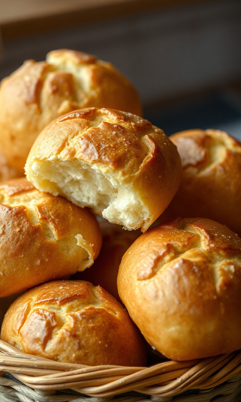 Pães de queijo dourados e estufados com casca crocante rachada em cesto rústico.