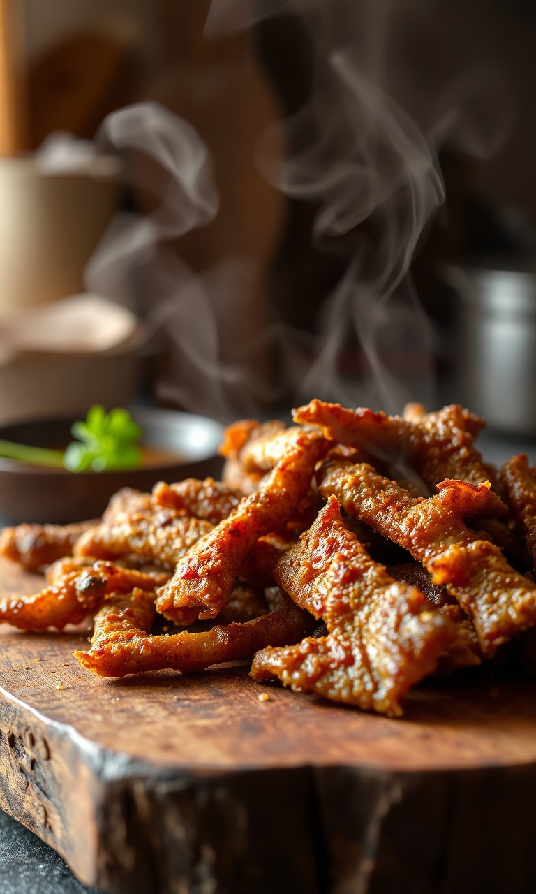 Tiras douradas e crocantes de passarinha de boi frita em uma tábua rústica.