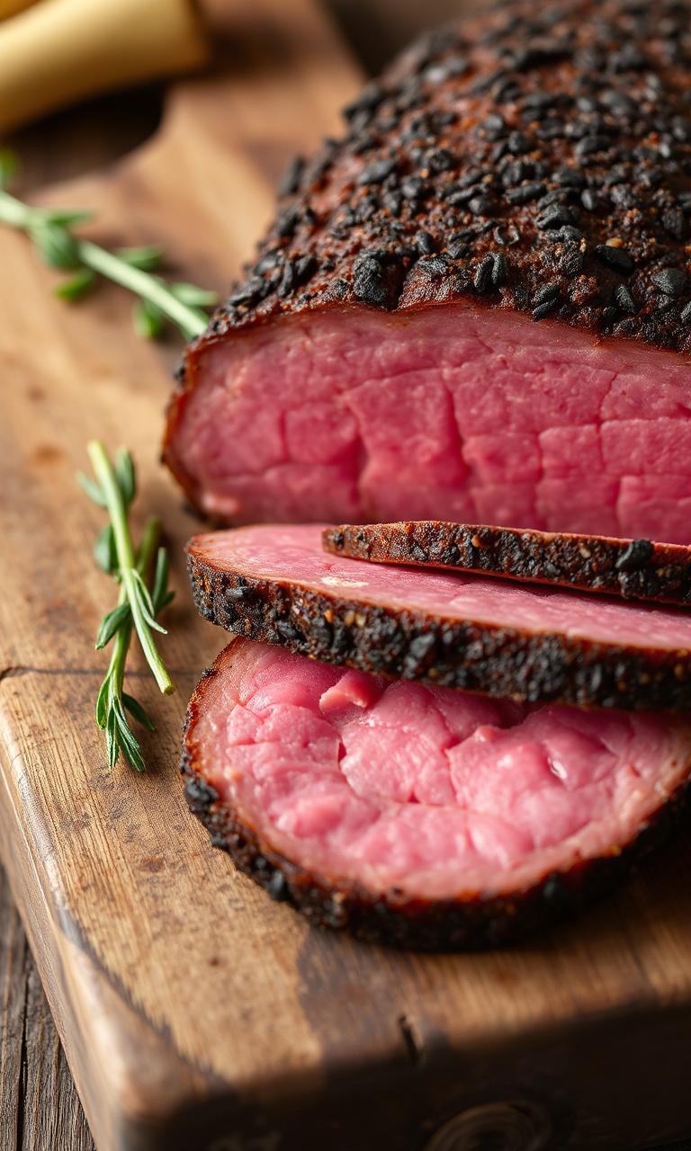Fatias finas de pastrami caseiro com crosta de especiarias escura e interior rosado e macio, servidas sobre tábua de madeira rústica.