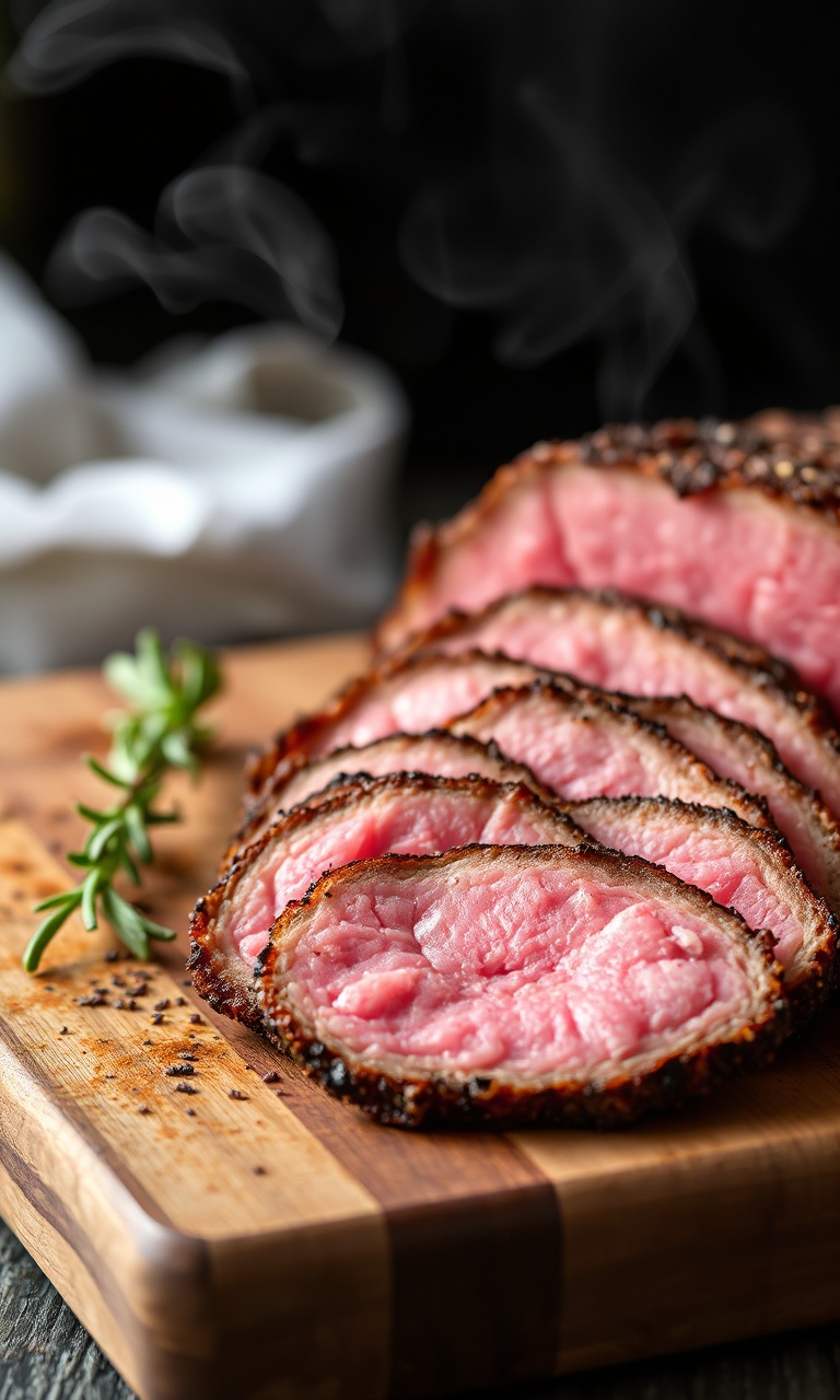 Fatias finas de pastrami caseiro com crosta escura de especiarias e interior rosado sobre tábua de madeira