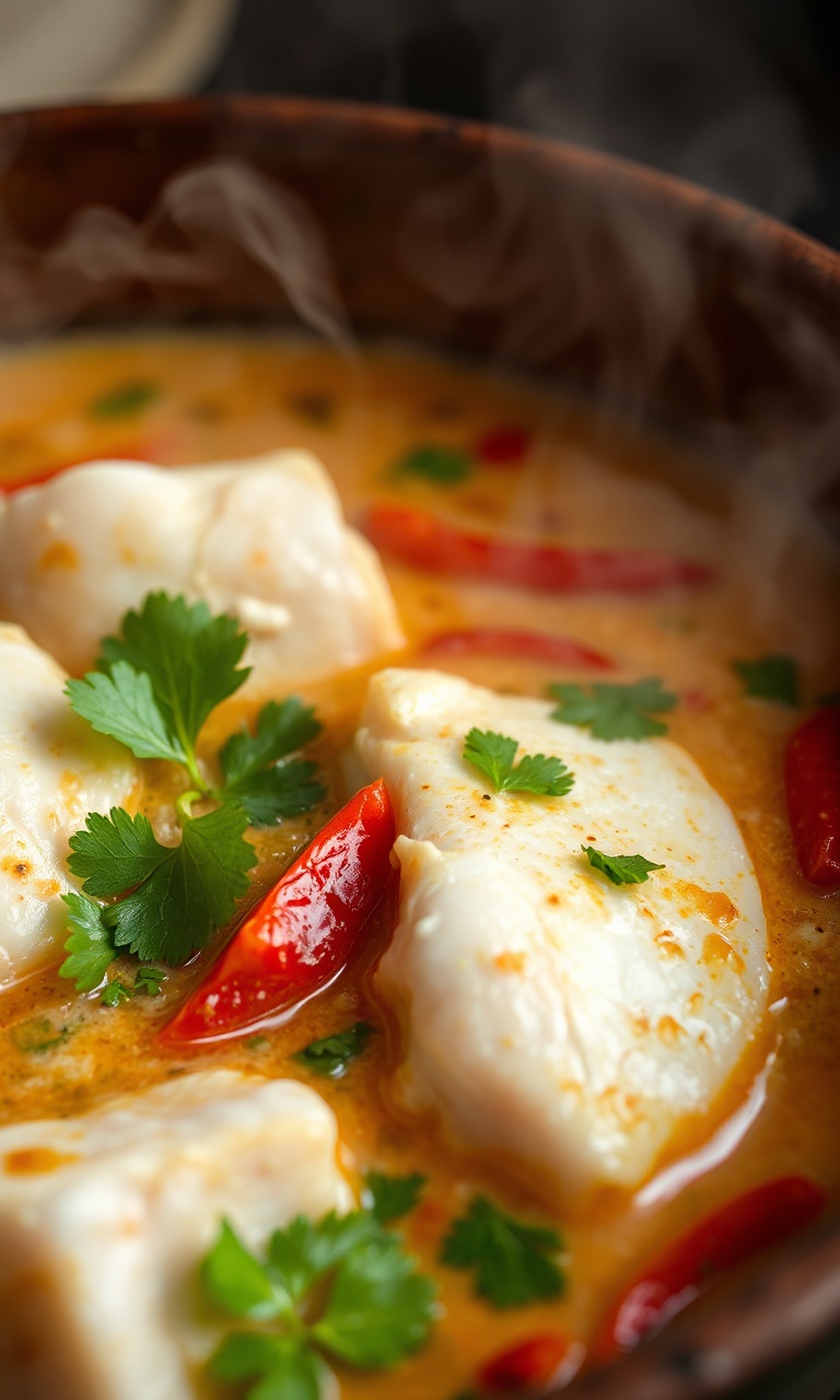 Peixe ensopado em molho cremoso de coco com vegetais coloridos