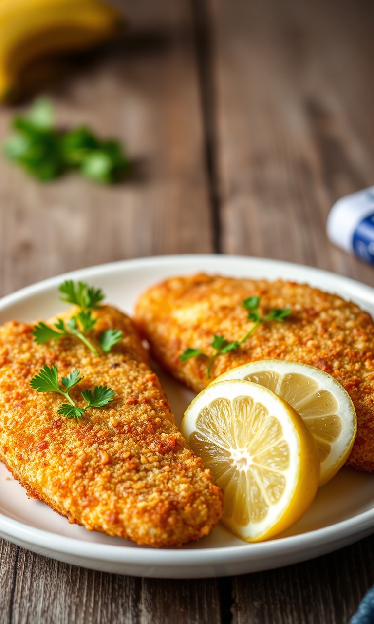 Filés de peixe empanado dourados e crocantes servidos com limão e salsa