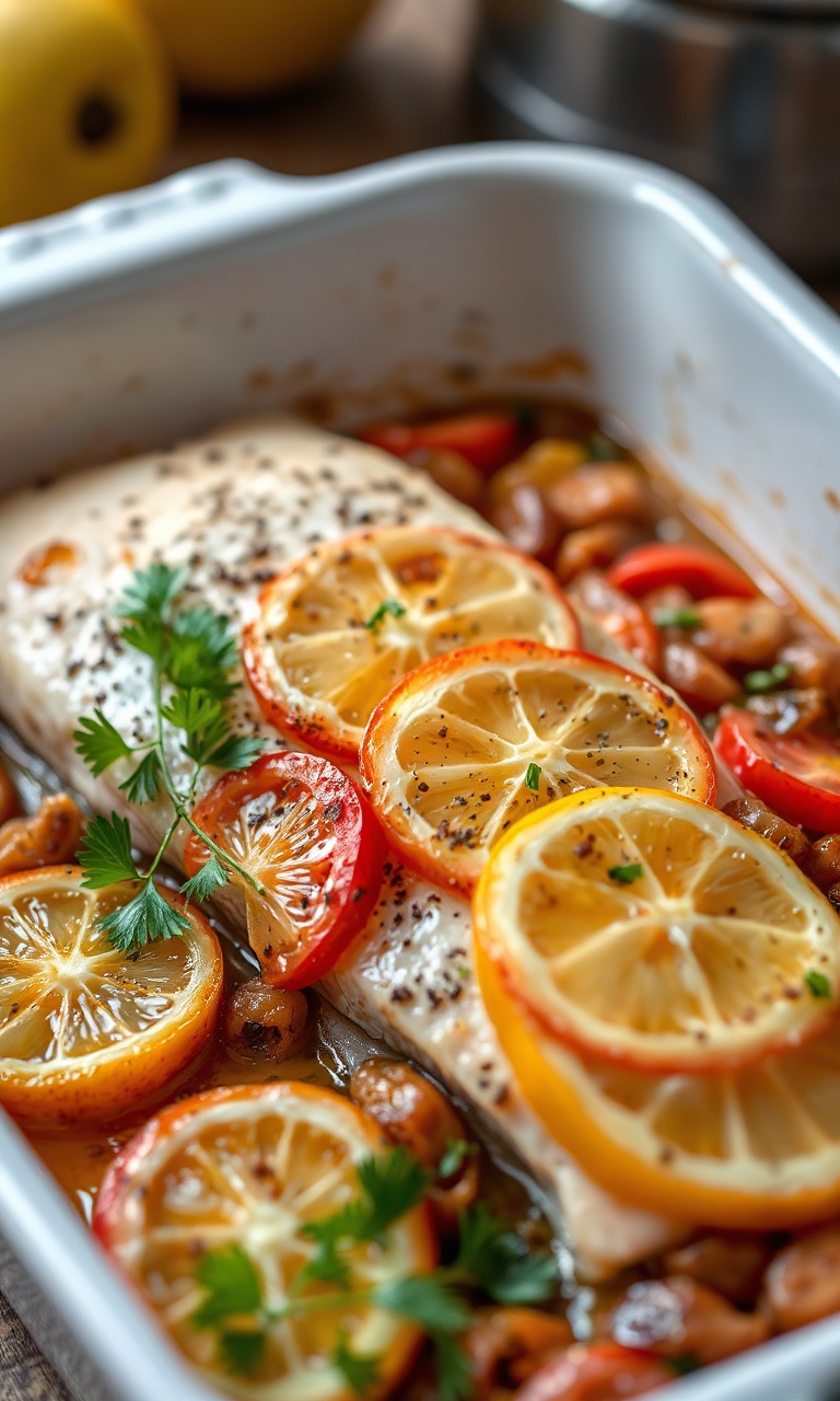 Filé de peixe branco suculento, coberto com fatias de tomate e limão, sobre cebola, finalizado com salsinha fresca.