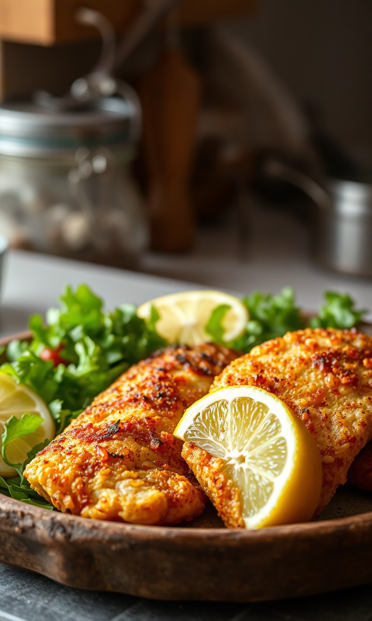 Porções de peixe empanado com crosta dourada e perfeitamente crocante, servidas com limão fresco e uma salada verde ao lado.