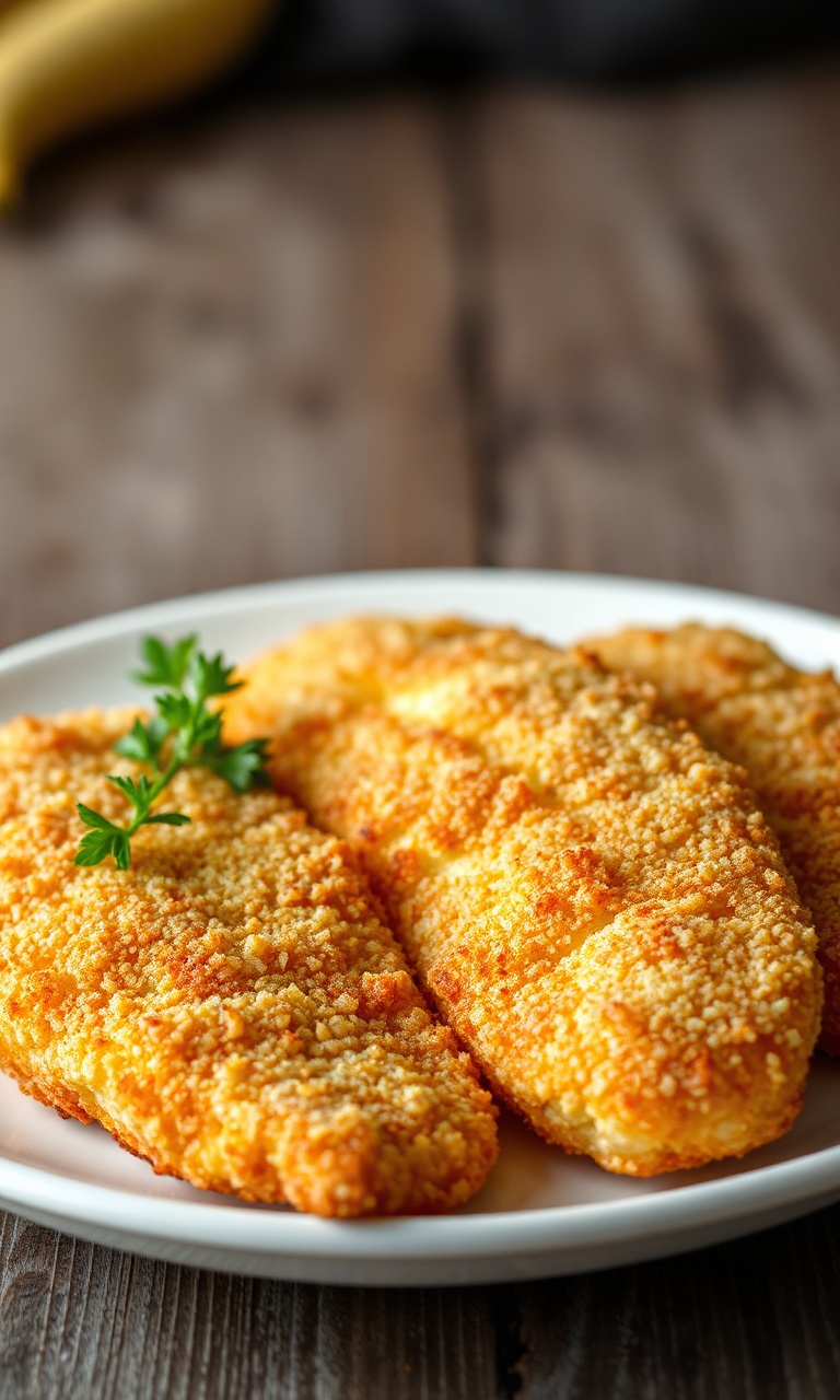 Filés de peixe empanados com casca dourada e crocante, prontos para servir.