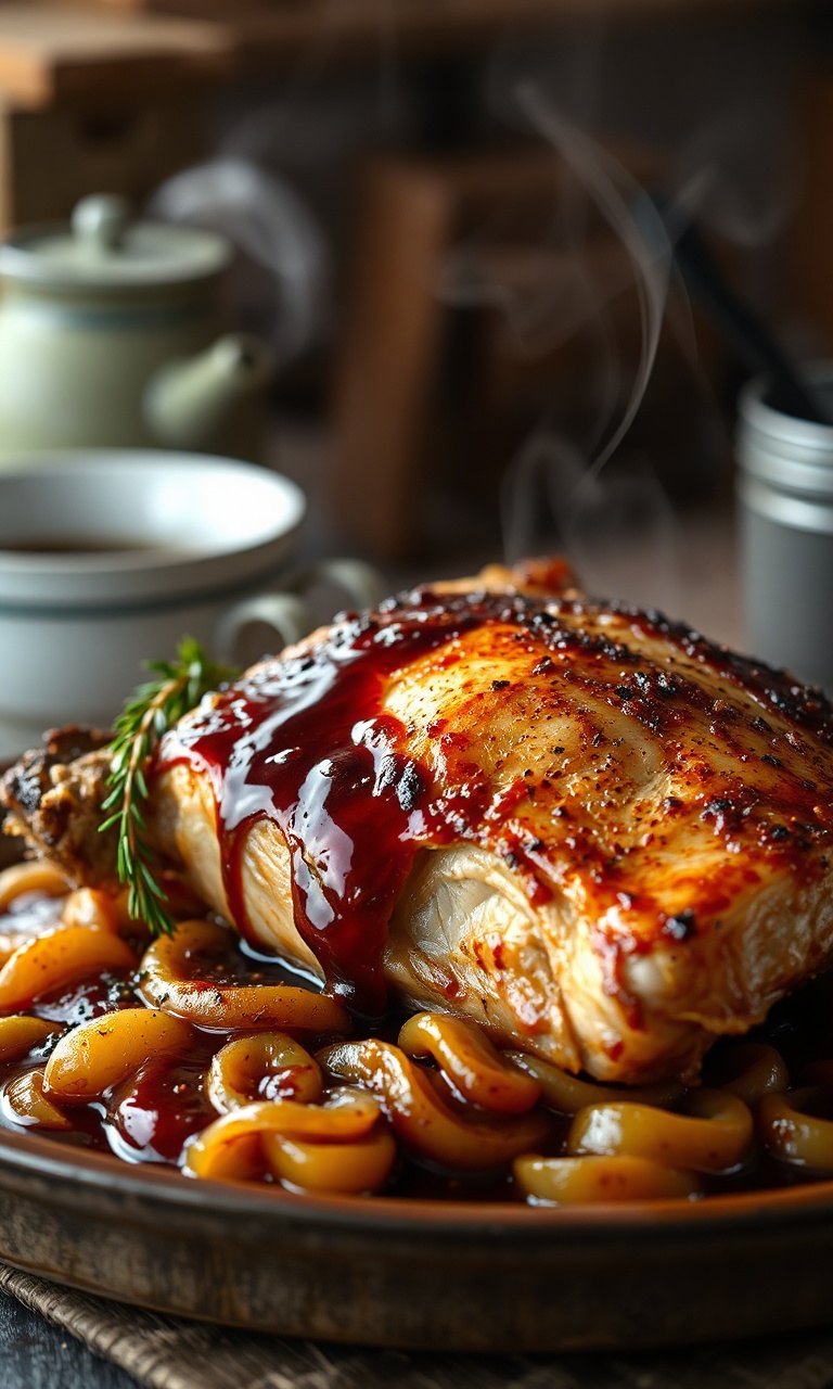 Pernil dourado e suculento fatiado sobre cama de cebolas caramelizadas com molho de vinho escuro