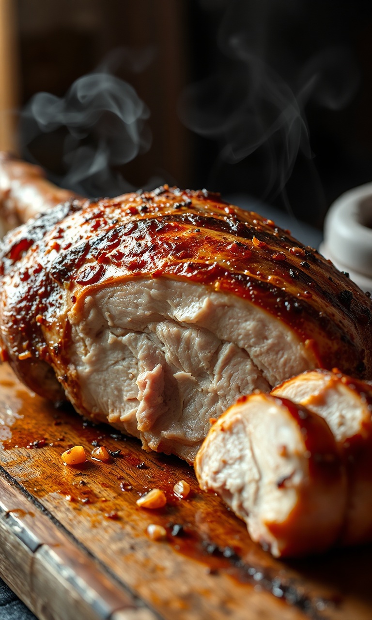 Pernil assado dourado com a pele crocante e estufada, fatiado para revelar a carne macia e suculenta.