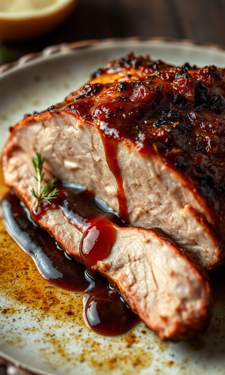 Fatias generosas de pernil de porco com pele dourada e crocante, regadas com um molho escuro, servidas em um prato rústico.