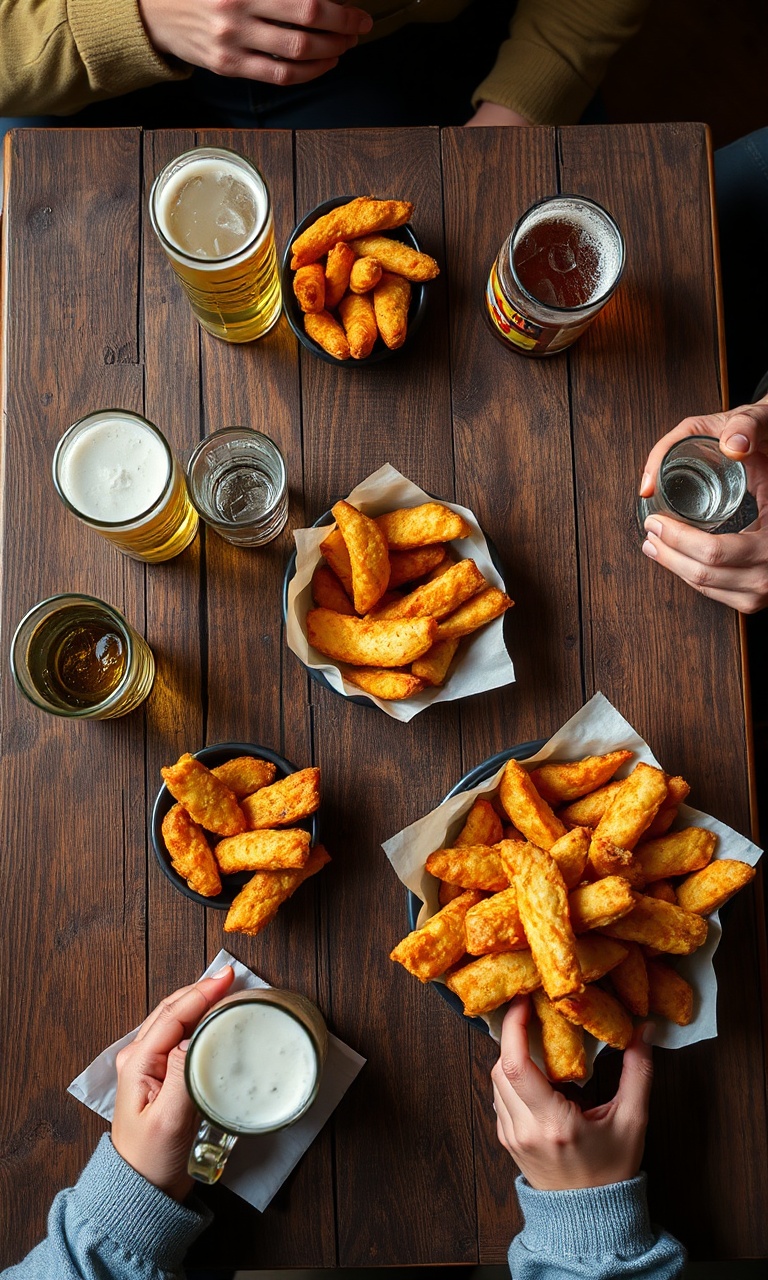 Mesa rústica com diversos petiscos de boteco dourados e crocantes, prontos para acompanhar uma cerveja gelada.