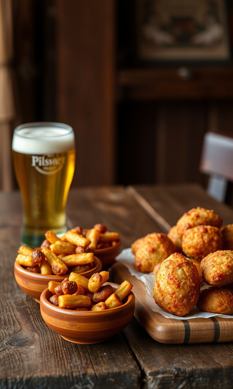Mesa rústica com tigelas de barro contendo amendoim picante, batatas calabresa e sambiquira de frango ao lado de cerveja gelada.