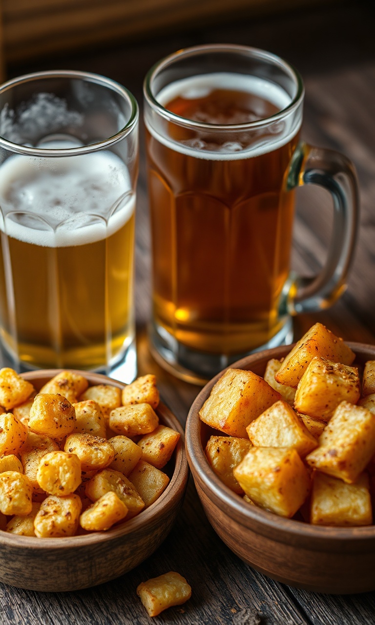 Amendoim picante dourado e batatas crocantes em tigelas rústicas ao lado de cerveja gelada