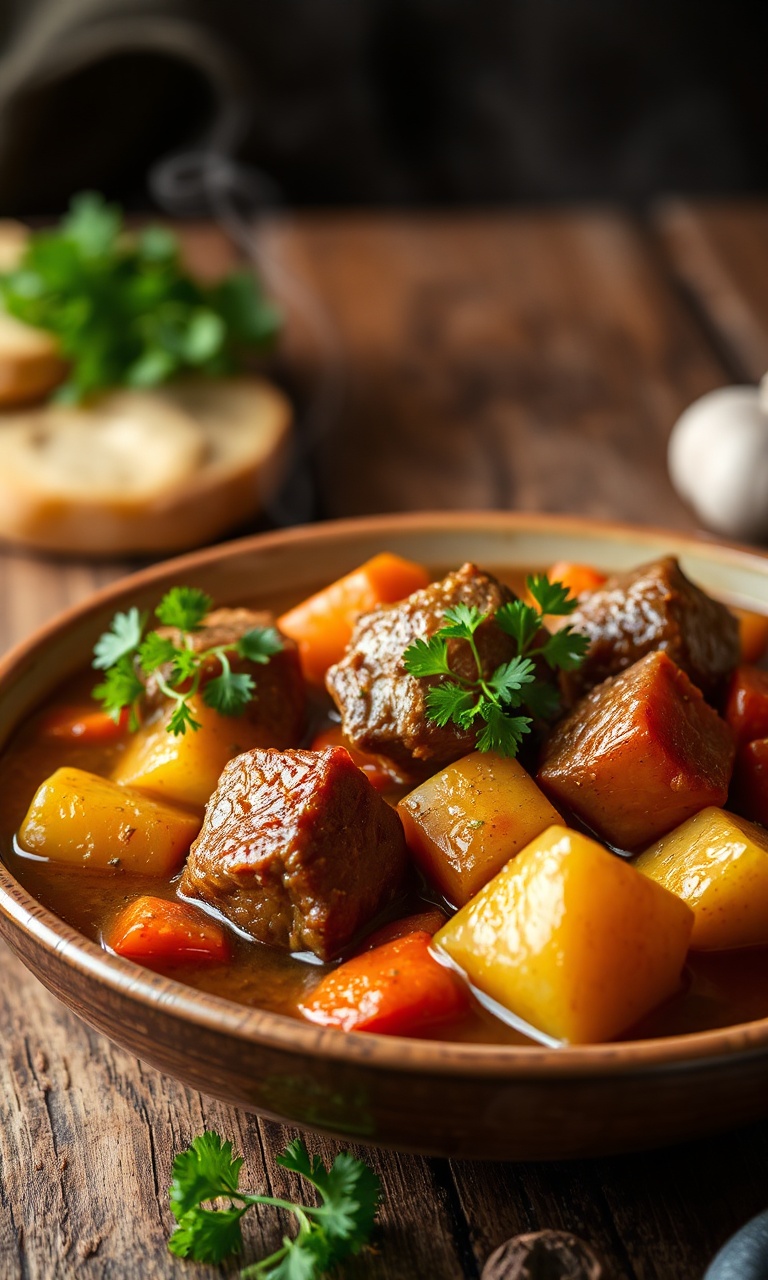 Cubos de carne dourados e macios em um caldo encorpado com batatas e cenouras, finalizado com salsinha fresca.