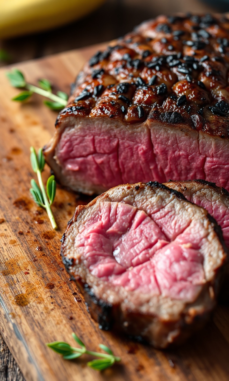 Fatias suculentas de picanha de cordeiro grelhada, com interior rosado e borda crocante dourada, dispostas sobre uma tábua rústica de madeira.