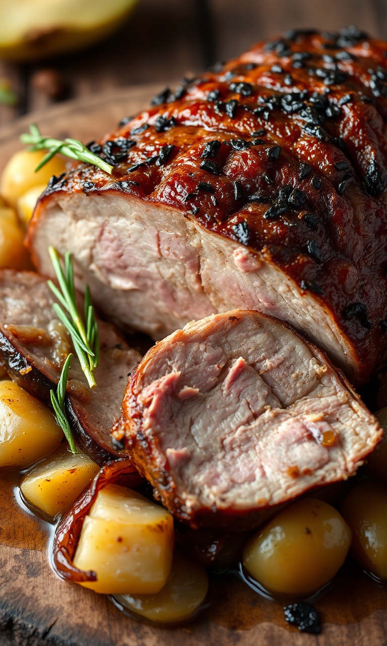 Picanha suína assada com gordura dourada e crocante, fatiada sobre batatas e cebolas caramelizadas.