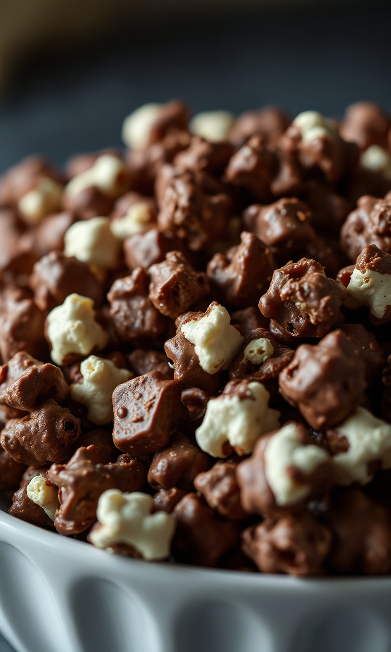 Pipoca doce com cobertura brilhante de chocolate servida em uma tigela grande