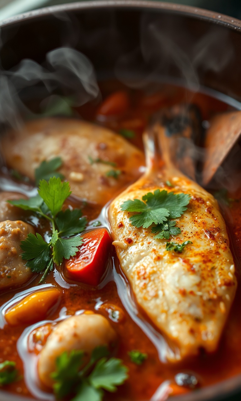 Moqueca de pirarucu fumegante servida em panela de barro.