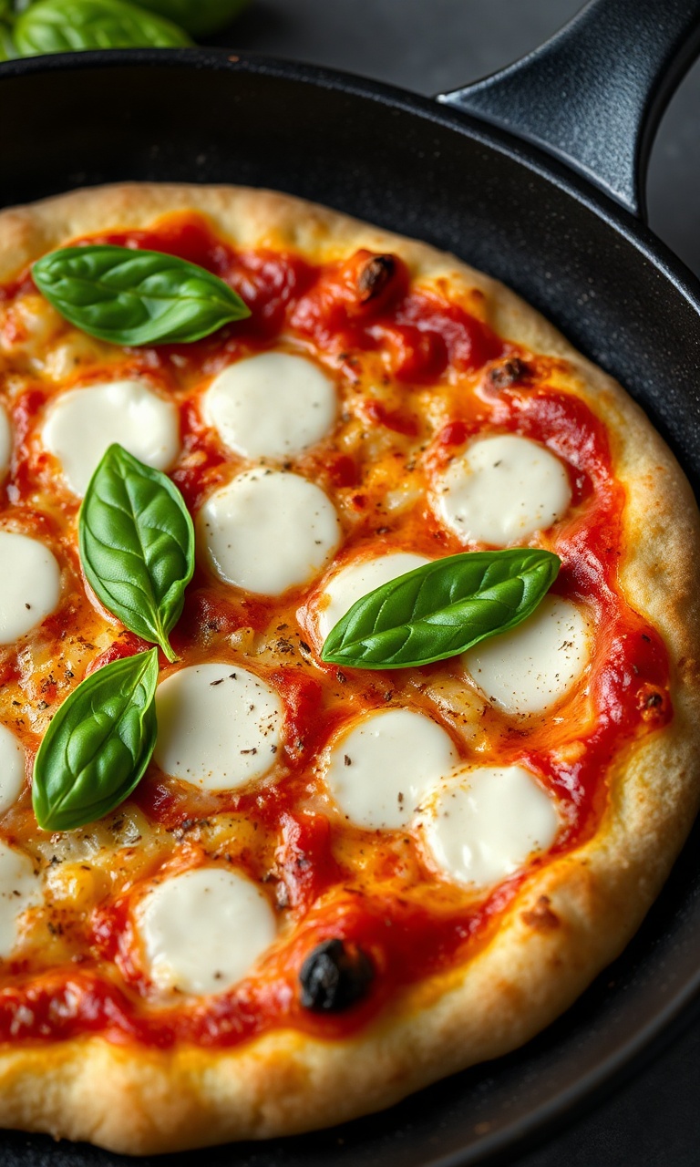 Pizza de tapioca com queijo derretido e manjericão na frigideira