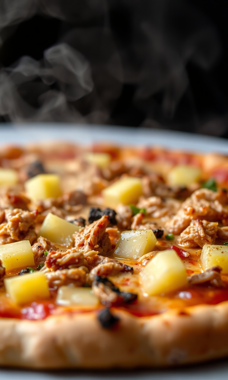 Pizza artesanal finalizada com carne desfiada, fatias de abacaxi e cheddar