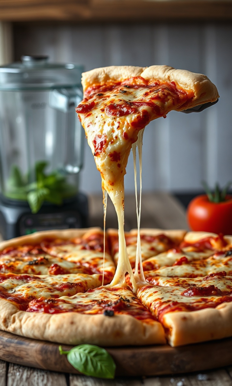 Fatia de pizza de liquidificador sendo servida, com queijo derretido e massa fofinha.