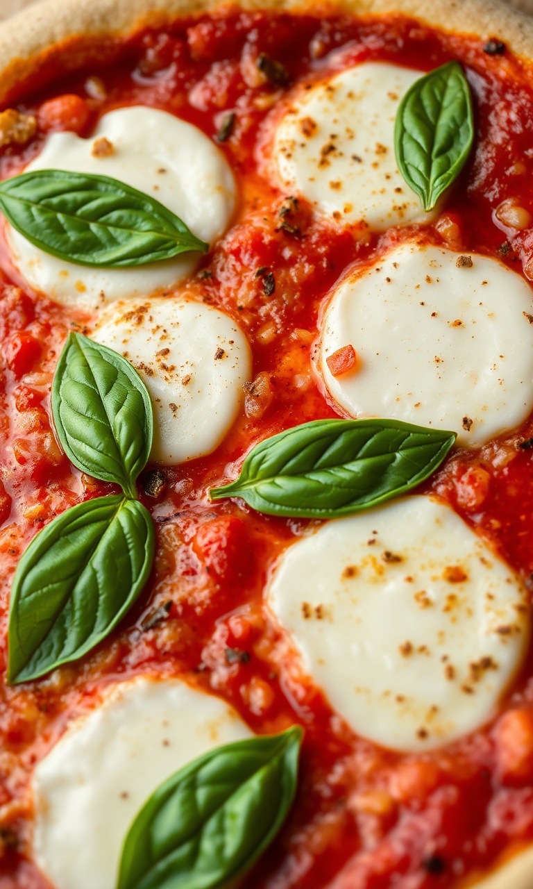 Pizza artesanal com molho vermelho, muçarela derretida e manjericão fresco