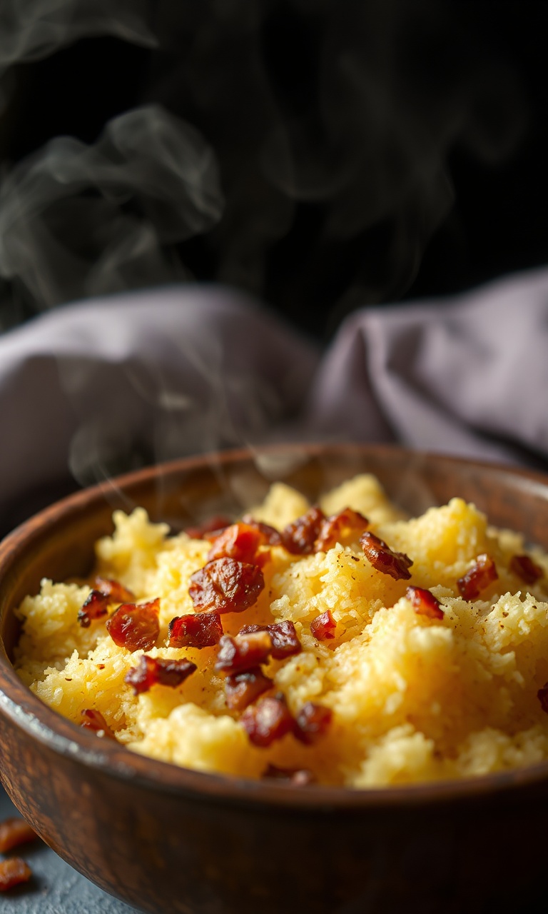 Farofa dourada e soltinha com pedaços visíveis de bacon e temperos verdes