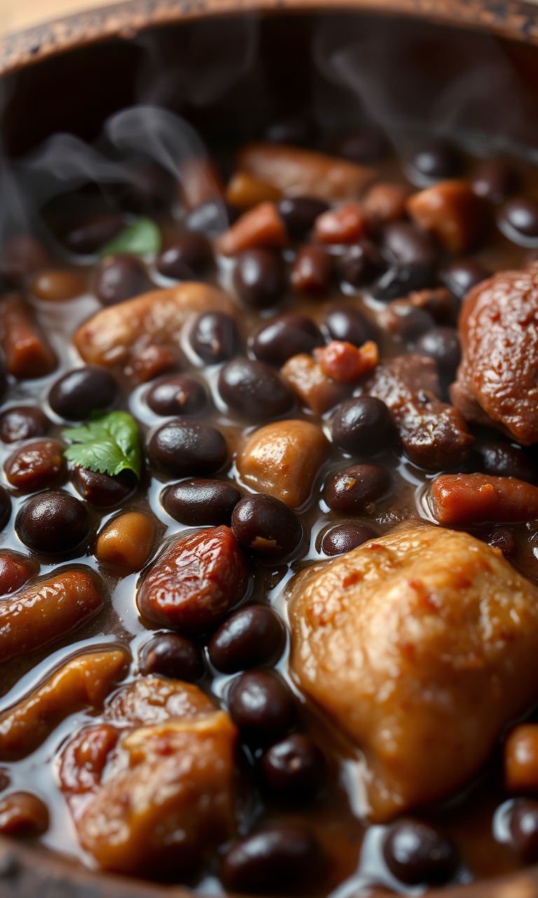 Feijoada tradicional em pote de barro com carnes e caldo denso.