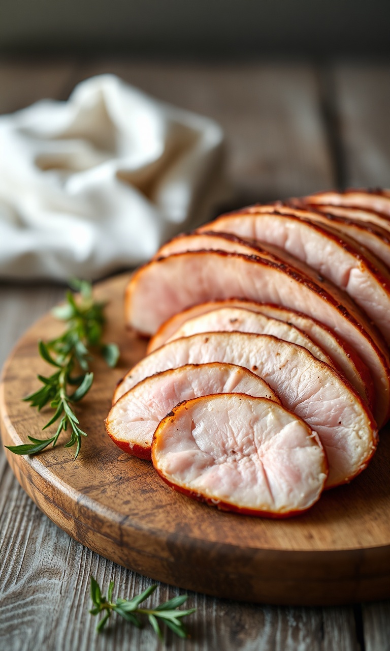 Fatias finas de presunto de frango artesanal em uma tábua