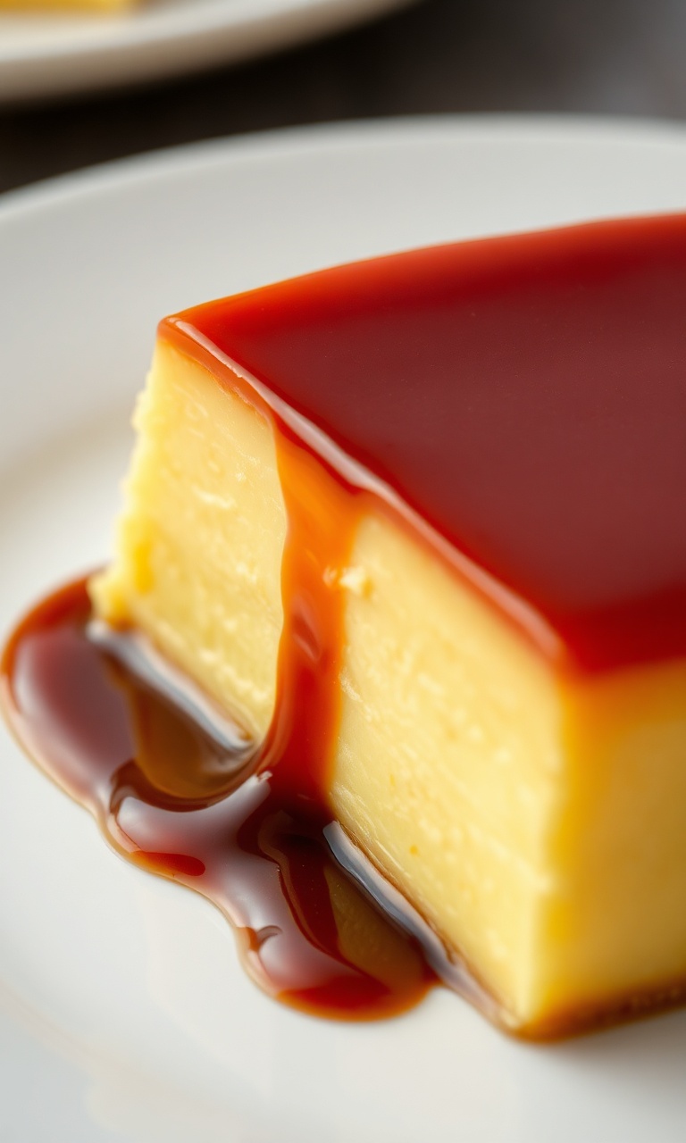 Fatia generosa de pudim de leite condensado cremoso com calda de caramelo escorrendo.