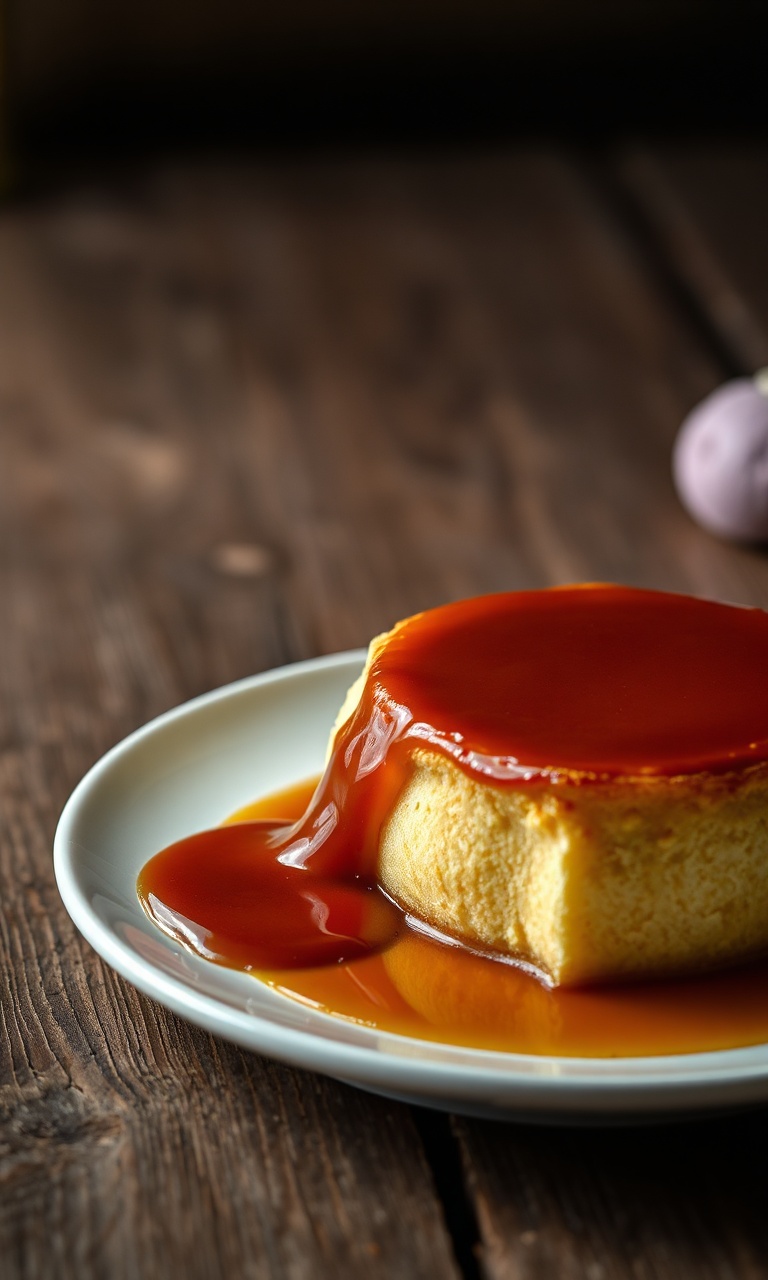 Pudim inteiro desenformado banhado com calda de caramelo brilhante