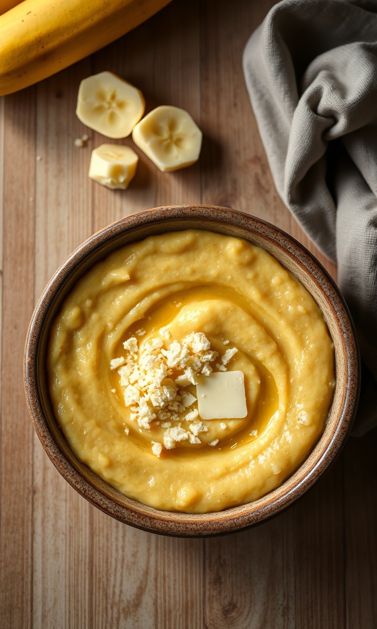 Bowl de purê de banana da terra dourado com manteiga derretida e parmesão