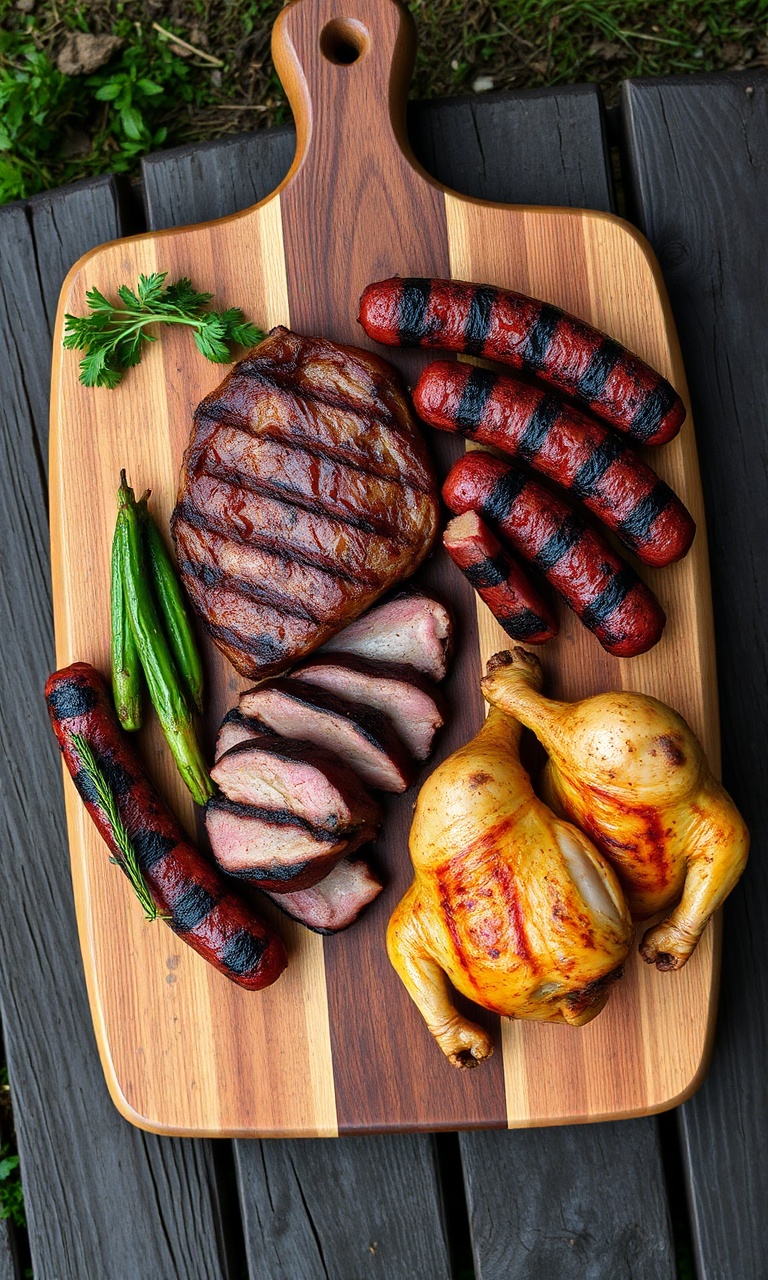 Tábua de churrasco farta com diferentes cortes de carne perfeitamente grelhados.