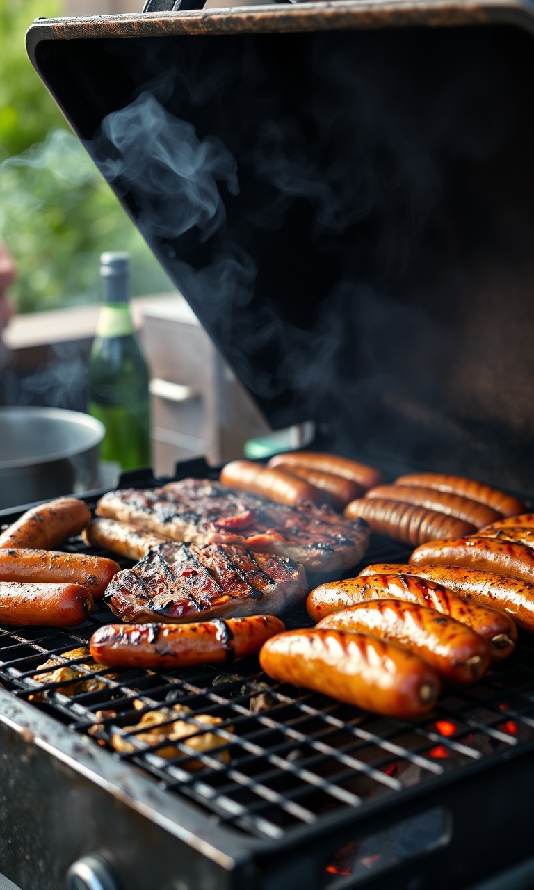 Grelha de churrasco completa com picanha, frango e linguiça assando sobre brasas vivas.