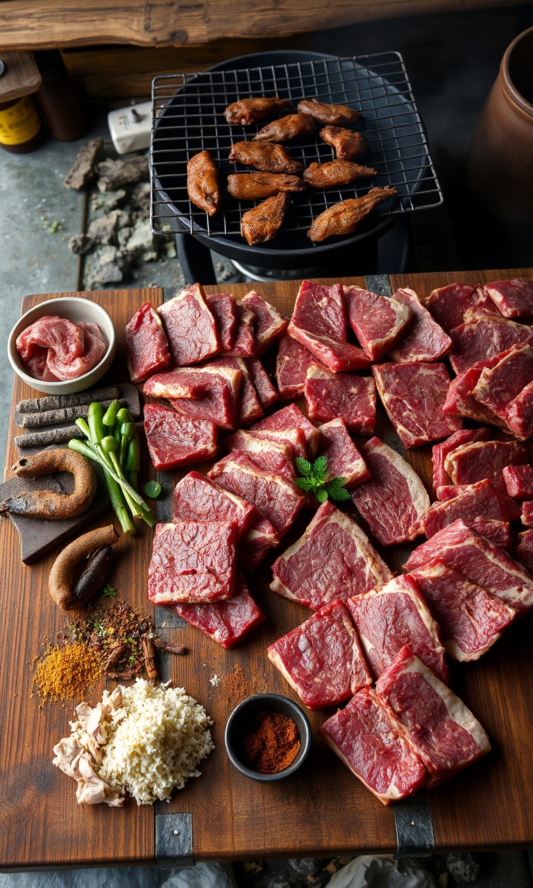 Tabela com diferentes cortes de carne crua para planejar um churrasco