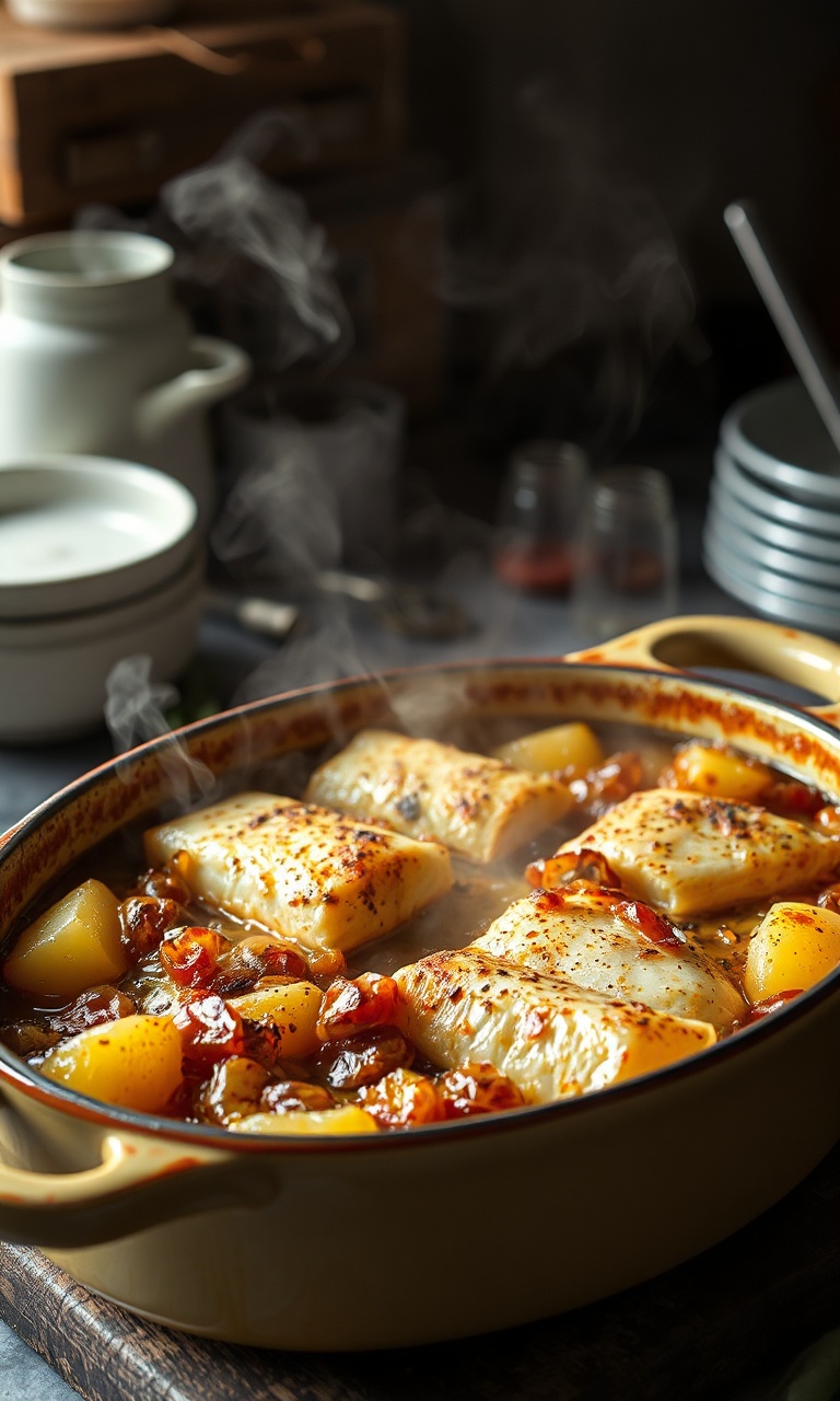Travessa de bacalhoada dourada e fumegante, com camadas generosas de bacalhau, batatas e cebola caramelizada.